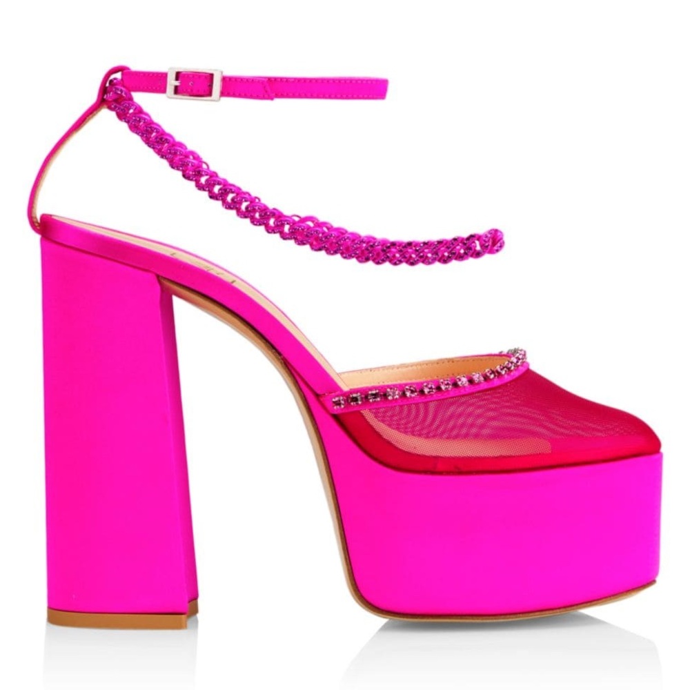 NIB Nalebe Satin Rhinestone Chain Stellar Fuchsia Hot Pink Platform Heels 38.5